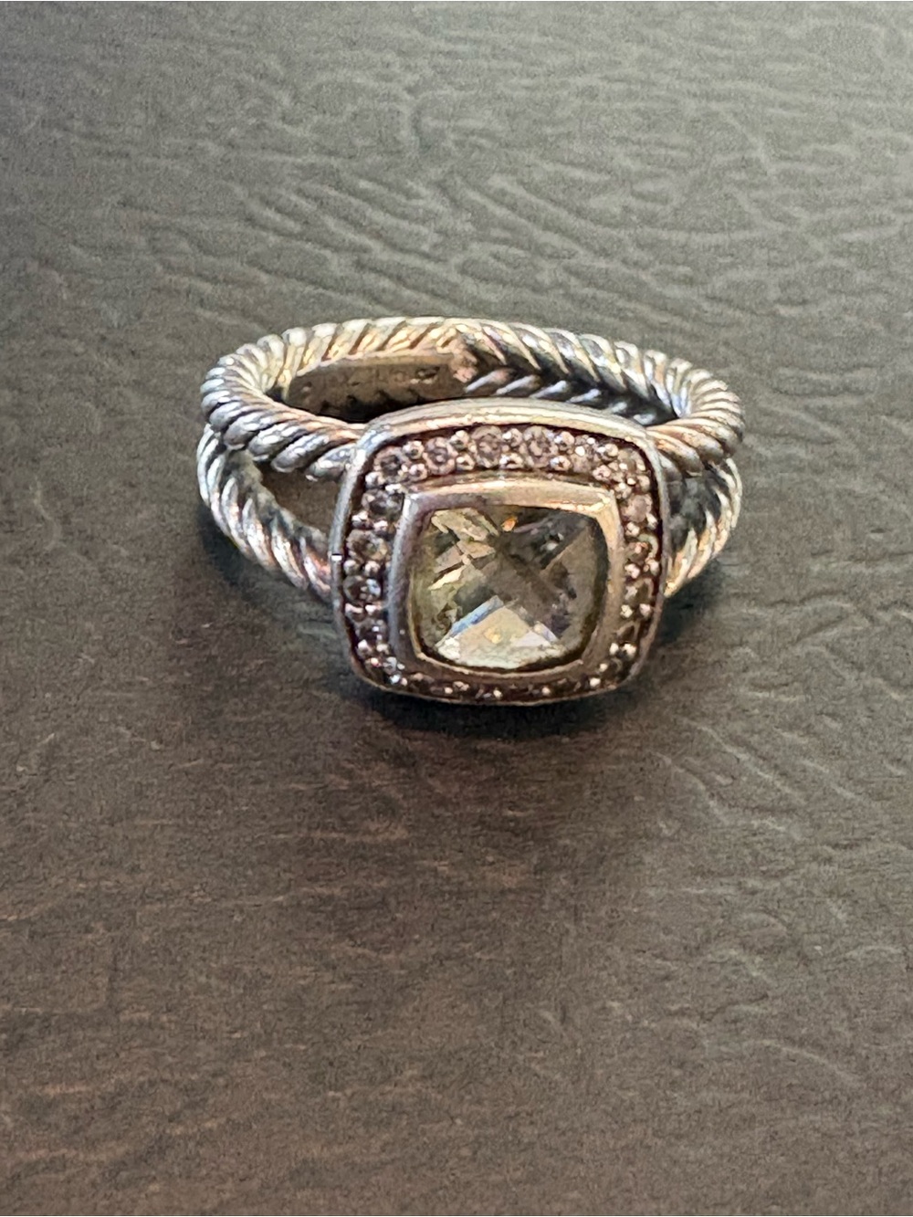 David Yurman Silver Cable Ring with Clear Cushion Gem